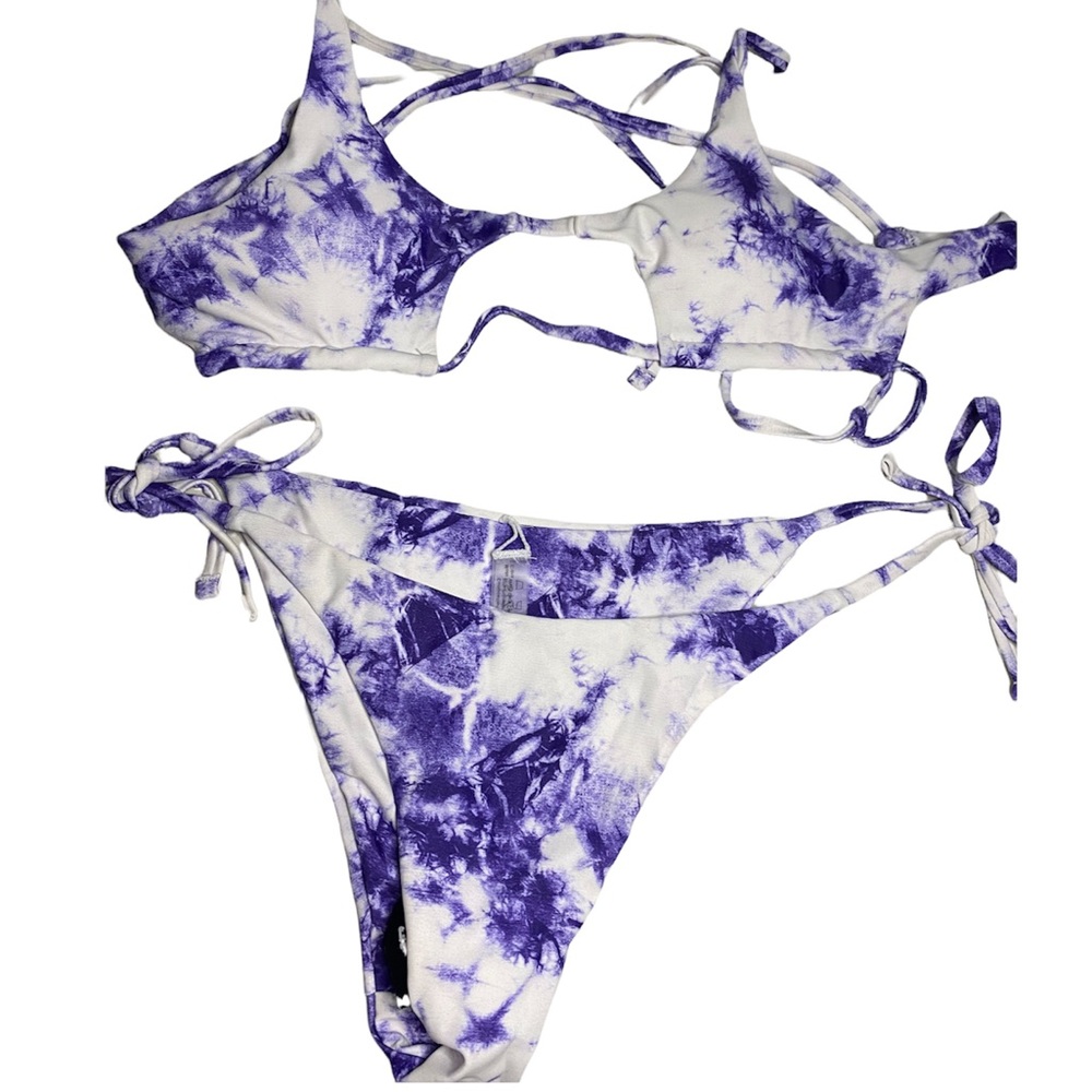 ZAFUL Tie Dye Crisscross Cutout Bikini Swimsuit - Purple Amethyst